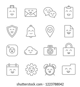 Smiling items linear icons set. Characters. Emoji, emoticons. Happy bag, mail, speech bubble, clipboard, bell, file, cloud, padlock, calendar. Isolated vector outline illustrations. Editable stroke
