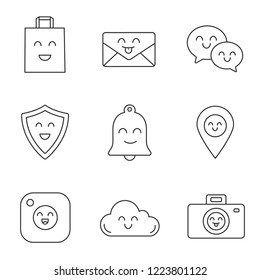 Smiling items linear icons set. Happy shopping bag, letter, speech bubbles, shield, bell, map pinpoint, camera, cloud, photocamera. Contour symbols. Isolated vector illustrations. Editable stroke
