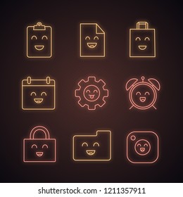 Smiling items neon light icons set. Happy file, clipboard, shopping bag, calendar, cogwheel, alarm clock, folder, padlock, camera. Glowing signs. Vector isolated illustrations