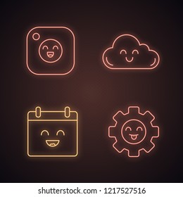 Smiling items neon light icons set. Characters. Happy camera, cloud, calendar, cogwheel. Glowing signs. Vector isolated illustrations