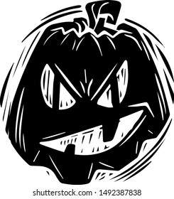 Smiling jack lantern hand drawn silhouette illustration. Festive pumpkin with evil grin monochrome drawing. Halloween celebration, october holiday symbol. Spooky gourd monocolor grunge sticker