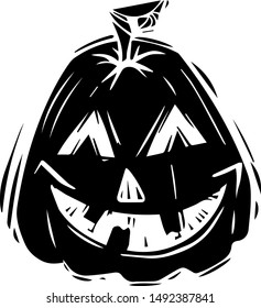 Smiling jack lantern hand drawn silhouette illustration. Festive pumpkin with evil grin monochrome drawing. Halloween celebration, october holiday symbol. Spooky gourd monocolor grunge sticker