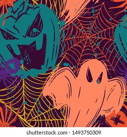 Smiling jack lanterns creative flat seamless pattern. Halloween pumpkins with carved evil grins hand drawn texture. October holiday decorative backdrop. Wallpaper, textile, wrapping paper design