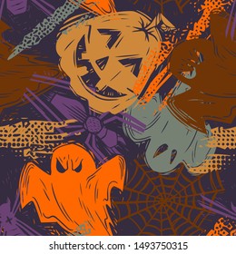 Smiling jack lanterns creative flat seamless pattern. Halloween pumpkins with carved evil grins hand drawn texture. October holiday decorative backdrop. Wallpaper, textile, wrapping paper design