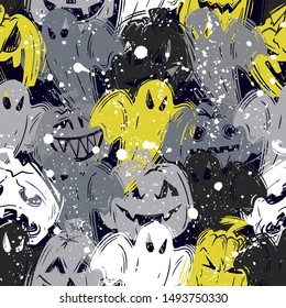 Smiling jack lanterns creative flat seamless pattern. Halloween pumpkins with carved evil grins hand drawn texture. October holiday decorative backdrop. Wallpaper, textile, wrapping paper design