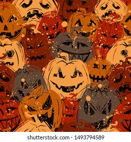 Smiling jack lanterns creative flat seamless pattern. Halloween pumpkins with carved evil grins hand drawn texture. October holiday decorative backdrop. Wallpaper, textile, wrapping paper design