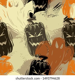 Smiling jack lanterns creative flat seamless pattern. Halloween pumpkins with carved evil grins hand drawn texture. October holiday decorative backdrop. Wallpaper, textile, wrapping paper design