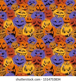 Smiling jack lanterns creative flat seamless pattern. Halloween pumpkins with carved evil grins hand drawn texture. October holiday decorative backdrop. Wallpaper, textile, wrapping paper design