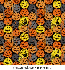 Smiling jack lanterns creative flat seamless pattern. Halloween pumpkins with carved evil grins hand drawn texture. October holiday decorative backdrop. Wallpaper, textile, wrapping paper design