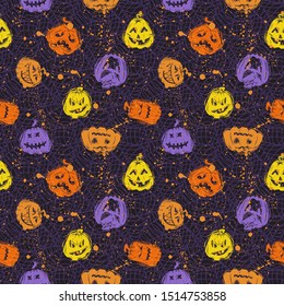 Smiling jack lanterns creative flat seamless pattern. Halloween pumpkins with carved evil grins hand drawn texture. October holiday decorative backdrop. Wallpaper, textile, wrapping paper design