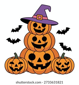 Smiling jack o lantern tower with flying bats halloween