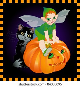  Smiling Jack O'Lantern, pixie, and black kitten pose for Halloween