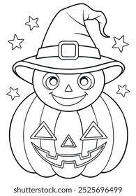 Smiling jack-o'-lantern character with a magical hat, Halloween crafts, coloring page for kids