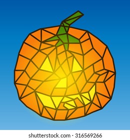 Smiling Jack-o-lantern Halloween pumpkin highlighted stained-glass window  brightly lit by sun on blue sky, vector illustration