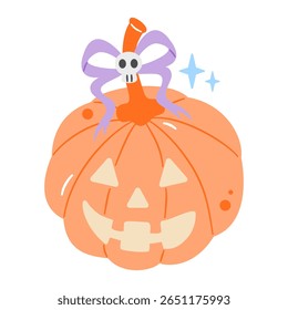 Smiling jack-o'-lantern with a skull bow, isolated on white. Fun and festive for your Halloween designs