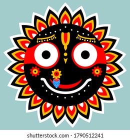 Smiling Jagannath, the Lord of the Universe, in black, white and red colors. Vector illustration for print, clothing design, poster, presentation, postcard.