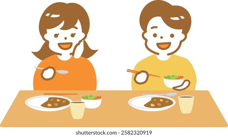 Smiling Japanese children at a children's cafeteria: Illustration of a family eating curry at a dinner table_Image of eating at a table at home