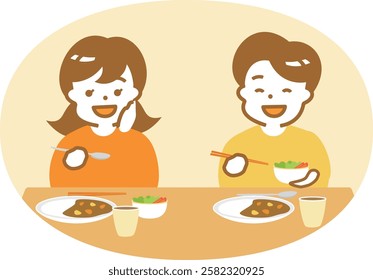 Smiling Japanese children at a children's cafeteria: Illustration of a family eating curry at a dinner table_Image of eating at a table at home