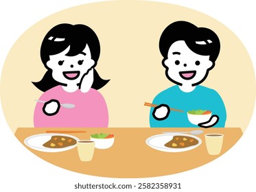 Smiling Japanese children at a children's cafeteria: Illustration of a family eating curry at a dinner table_Image of eating at a table at home