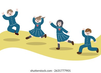 Smiling Japanese Students Running in School Uniforms