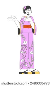 Smiling japanese woman wearing yukata 2D linear cartoon character. Asian female in pink kimono and geta isolated line vector person white background. Summer festival Japan color flat spot illustration