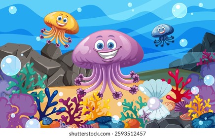 Smiling jellyfish amidst colorful coral and bubbles