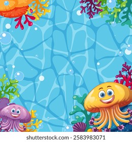 Smiling jellyfish amidst vibrant coral and bubbles