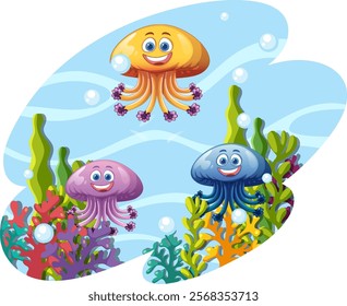 Smiling jellyfish among vibrant coral and seaweed