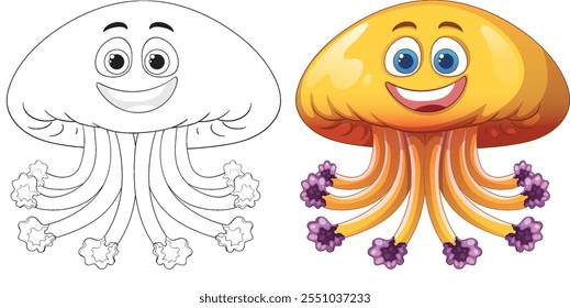 Smiling jellyfish with colorful tentacles and eyes