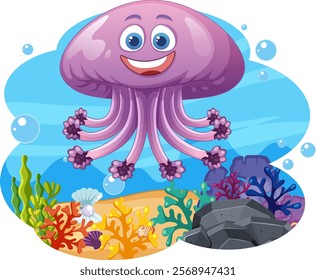 Smiling jellyfish surrounded by colorful underwater scenery