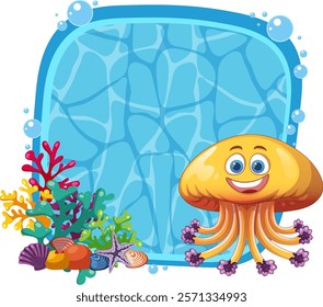 Smiling jellyfish surrounded by colorful underwater life