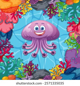 Smiling jellyfish surrounded by colorful coral and sea life