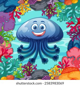 Smiling jellyfish surrounded by colorful coral and sea life