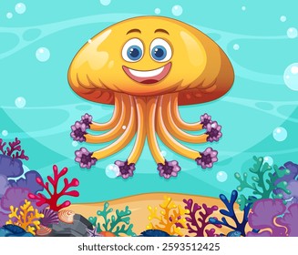 Smiling jellyfish surrounded by colorful underwater corals
