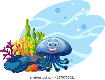 Smiling jellyfish with vibrant coral and sea plants