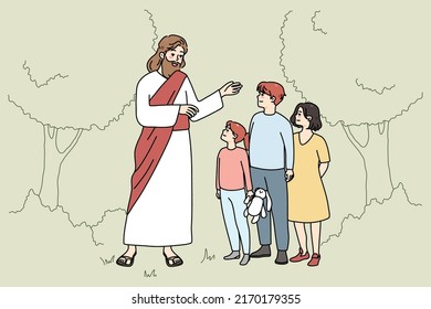 Smiling Jesus Christ talking with small children in garden. Caring Messiah speak with little kids outdoors. Religion and faith. Vector illustration. 