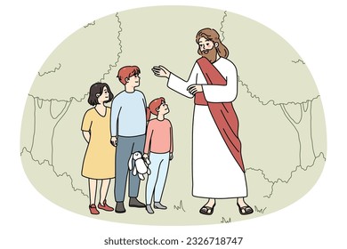 Jesu Christus lächeln und mit kleinen Kindern im Garten reden. Es kümmert Messiah sprechen mit kleinen Kindern draußen. Religion und Glauben. Vektorgrafik.