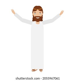 Smiling Jesus with hands rised up. Smiling Man in white long dress calls for people full of love