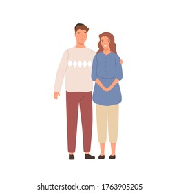 Smiling jewish couple standing together vector flat illustration. Happy family hugging having positive emotion isolated on white background. Joyful modern jew husband and wife