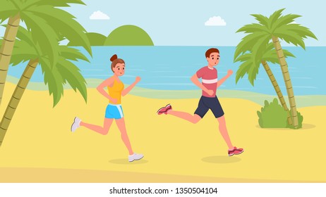 Smiling jogging couple happy running on the beach flat style vector illustration