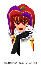 Smiling joker head with aces cards in his hand isolated on white background