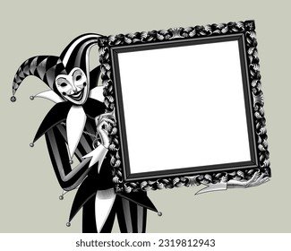 Smiling Joker holding a square sign in a classic frame. Vintage engraving stylized drawing. Vector illustration