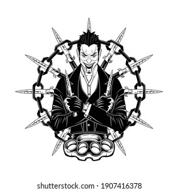 Smiling Joker With Knives And Brass Knuckles. A Villain With Switchblades. Evil Hero. Old-school Street Fighter. Illustrations For T Shirt Print. Black Tattoo.