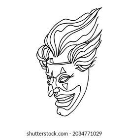 a smiling joker mask with clown hair, a mystical character, the concept of a stand-up comedian, a vector illustration with black lines isolated on a white background in a cartoon and hand drawn style