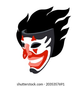 a smiling joker mask with a flame, the concept of a stand-up comedian and black humor, a color vector illustration isolated on a white background in a cartoon style and a flat design