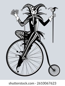 Smiling Joker of playing cards in line and vintage black and white engraving style ride a vintage bicycle. Vector illustration. NOT AI generated