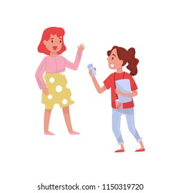 Smiling journalist with sound recorder making interview with young woman. Professional at work. Flat vector design