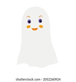 Smiling joyful ghost with blush on cheeks. Cartoon halloween character