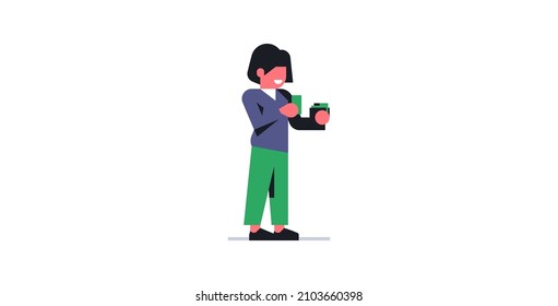 Smiling and joyful girl takes money out of her wallet. Vector illustration isolated on white background.