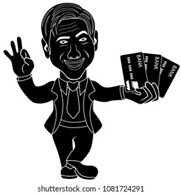 Smiling and joyful man holds credit cards, cartoon stencil vector illustration